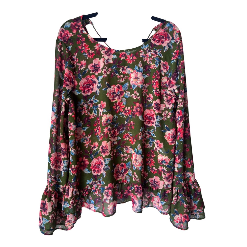 KUT from the Kloth Floral Bell Sleeve Ruffle Blouse Olive Pink Womens‎ S
